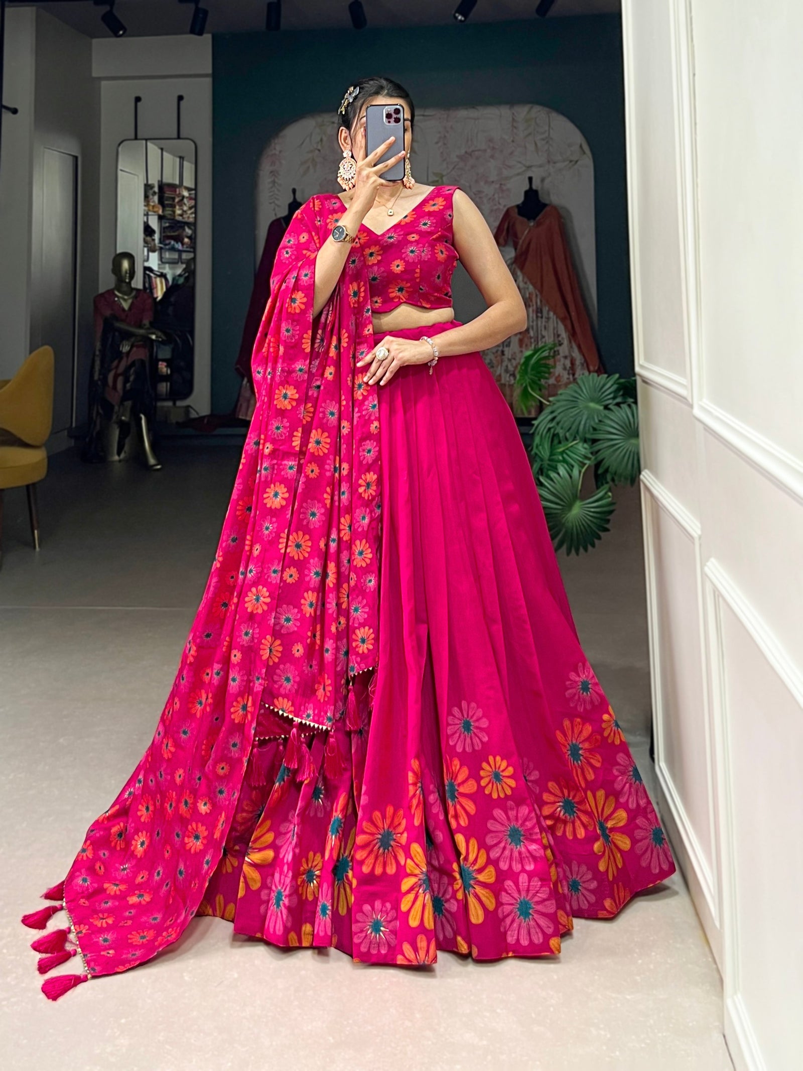 Pink Blossom Boldly Radiate Charm in Floral Printed Lehengas