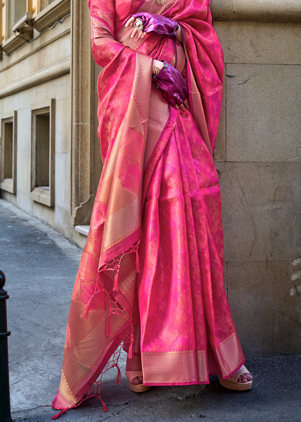 Pink Brown Ethereal Organza Silk Saree – Graceful & Glamorous Drape ClothsVilla