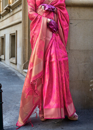 Pink Brown Ethereal Organza Silk Saree – Graceful & Glamorous Drape ClothsVilla