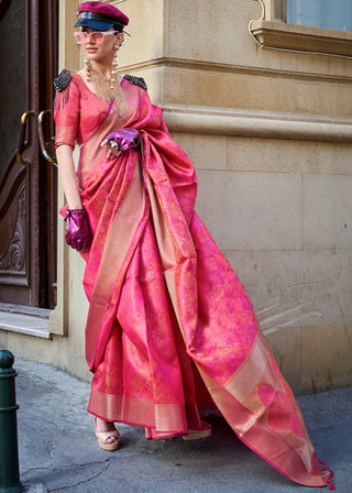 Pink Brown Ethereal Organza Silk Saree – Graceful & Glamorous Drape ClothsVilla