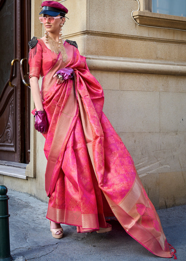 Pink Brown Ethereal Organza Silk Saree – Graceful & Glamorous Drape ClothsVilla