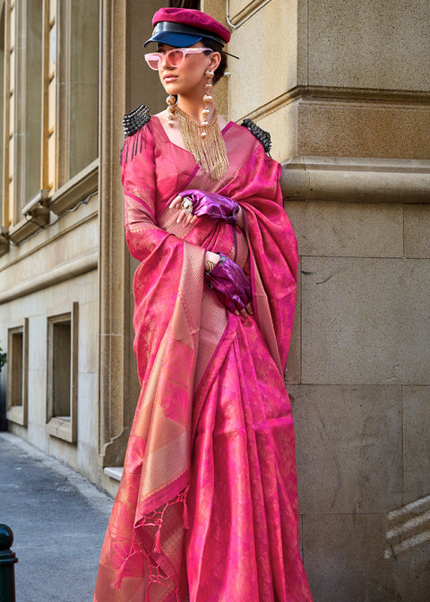 Pink Brown Ethereal Organza Silk Saree – Graceful & Glamorous Drape ClothsVilla Main image