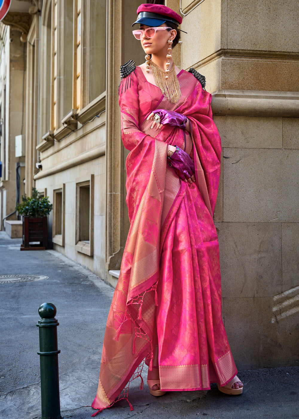 Pink Brown Ethereal Organza Silk Saree – Graceful & Glamorous Drape ClothsVilla
