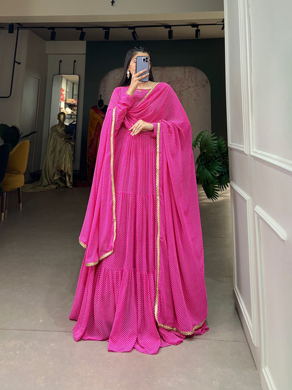 Pink Butterfly Bliss Printed Georgette Gown with Shimmering Dupatta - Ready to Wear ClothsVilla