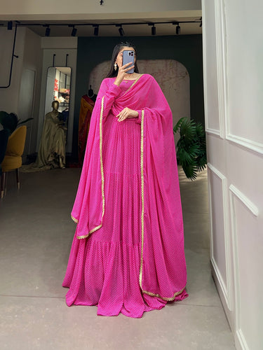 Pink Butterfly Bliss Printed Georgette Gown with Shimmering Dupatta - Ready to Wear ClothsVilla