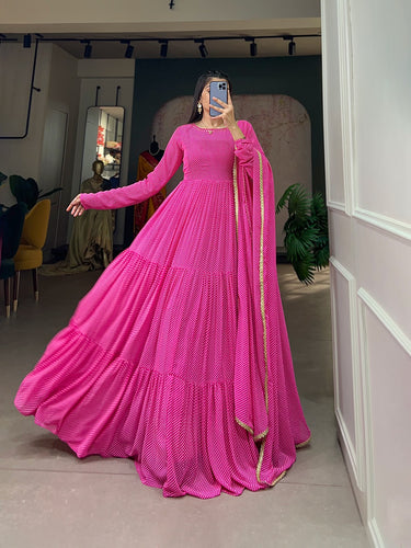 Pink Butterfly Bliss Printed Georgette Gown with Shimmering Dupatta - Ready to Wear ClothsVilla