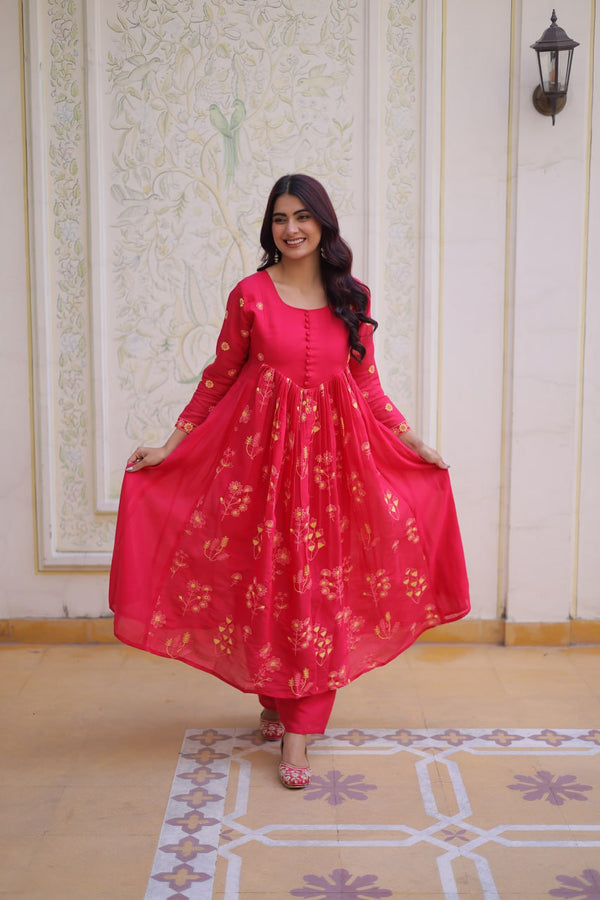 Pink Chanderi Kurti Pant Set Clothsvilla