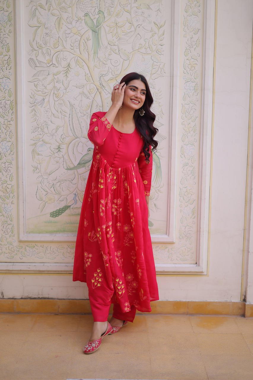 Pink Chanderi Kurti Pant Set Clothsvilla