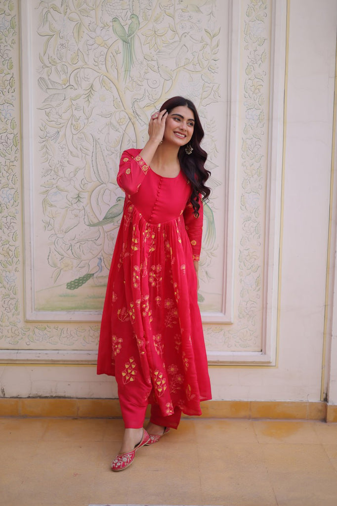 Pink Chanderi Kurti Pant Set Clothsvilla