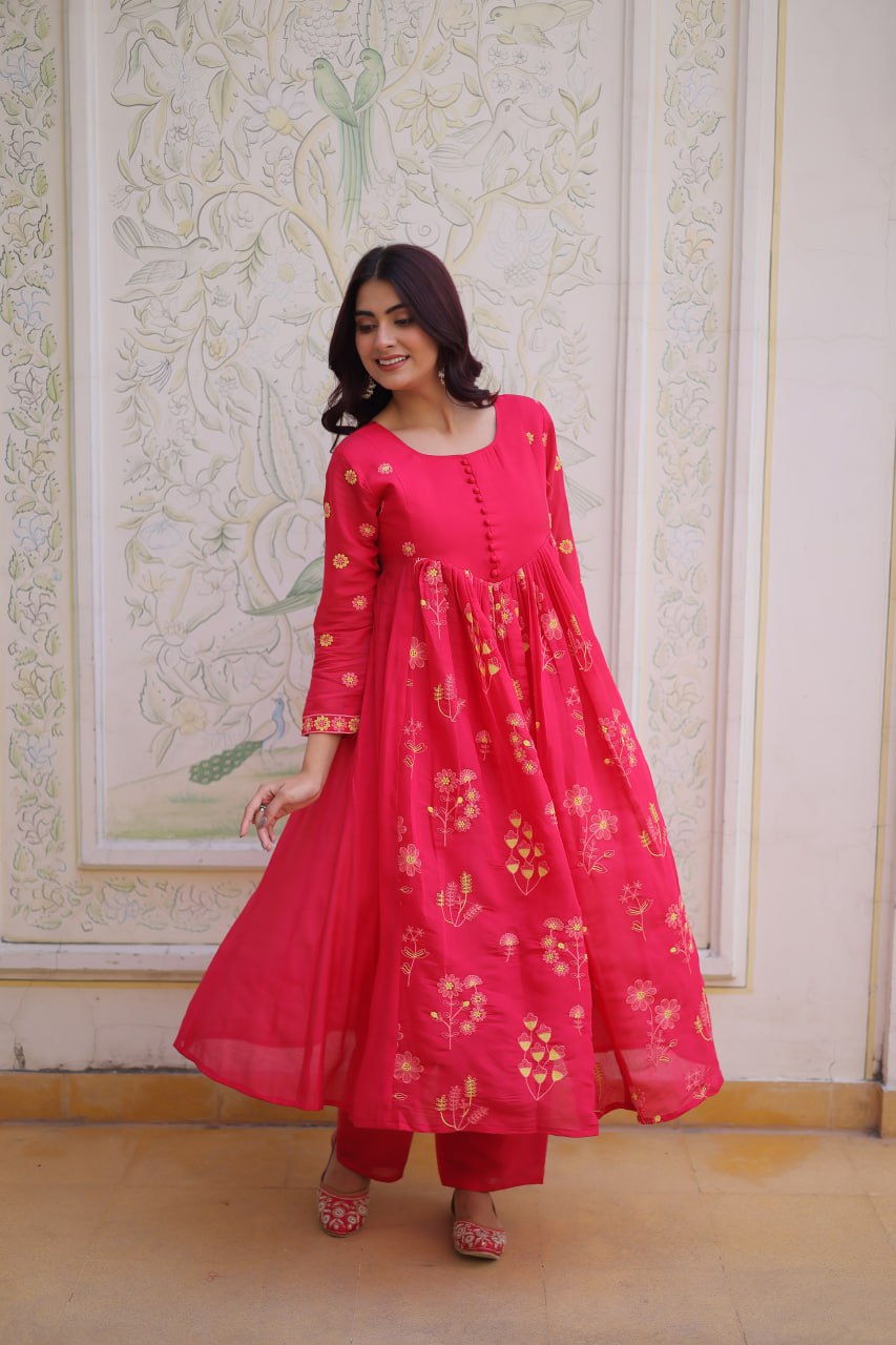 Pink Chanderi Kurti Pant Set Clothsvilla