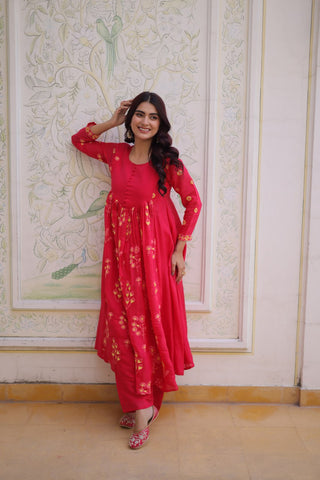 Pink Chanderi Kurti Pant Set Clothsvilla