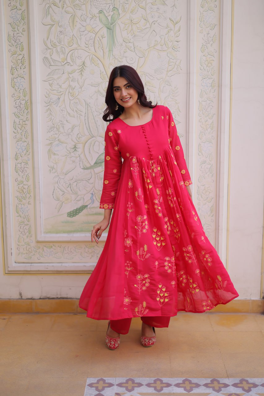 Pink Chanderi Kurti Pant Set Clothsvilla
