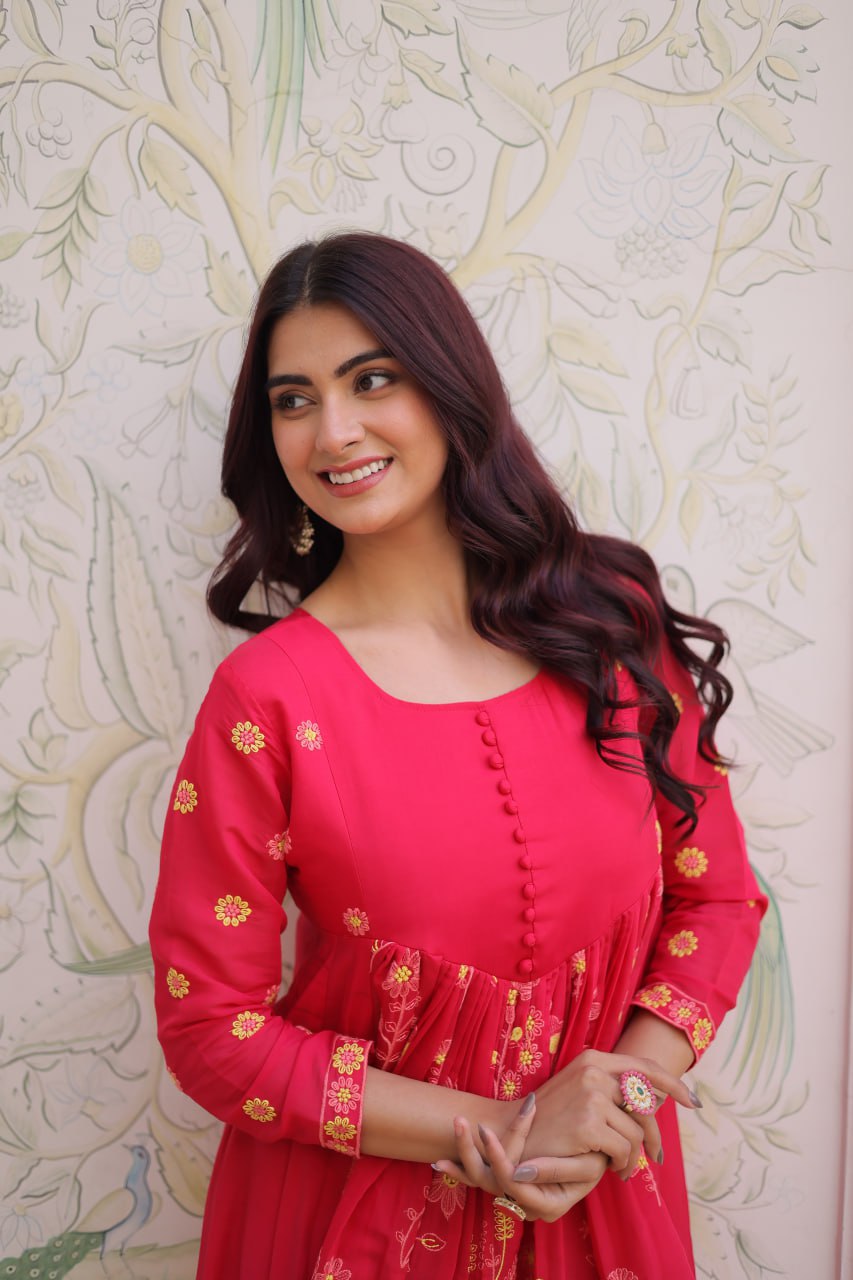 Pink Chanderi Kurti Pant Set Clothsvilla