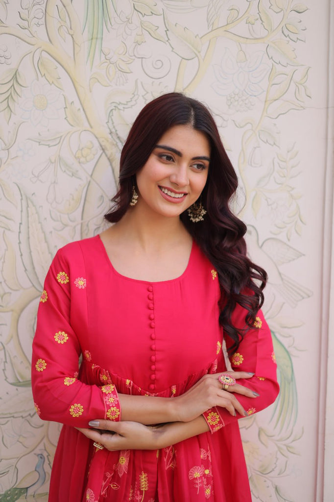 Pink Chanderi Kurti Pant Set Clothsvilla