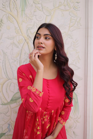 Pink Chanderi Kurti Pant Set Clothsvilla