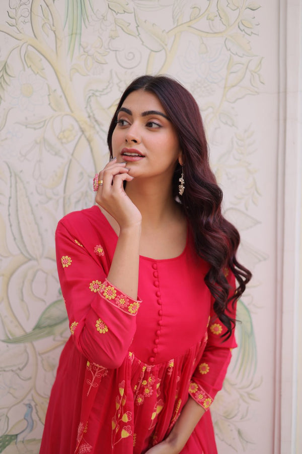 Pink Chanderi Kurti Pant Set Clothsvilla