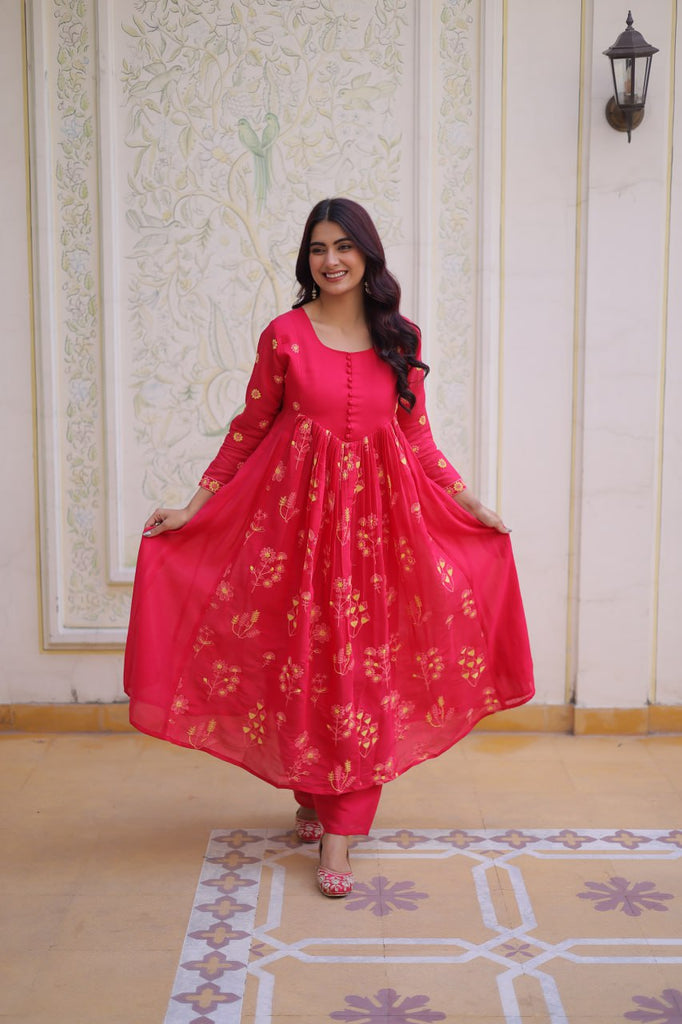 Pink Chanderi Kurti Pant Set Clothsvilla