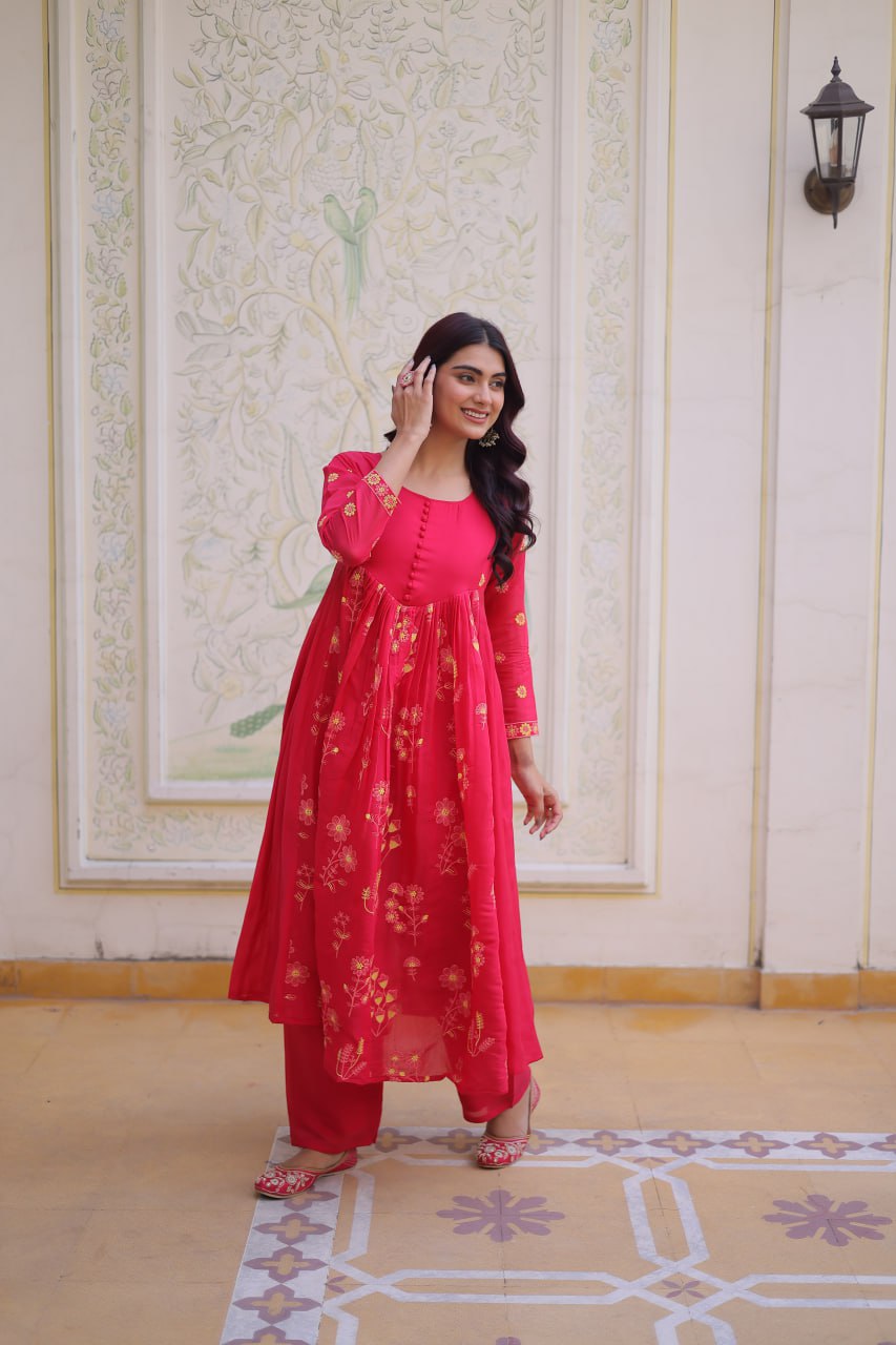 Pink Chanderi Kurti Pant Set Clothsvilla