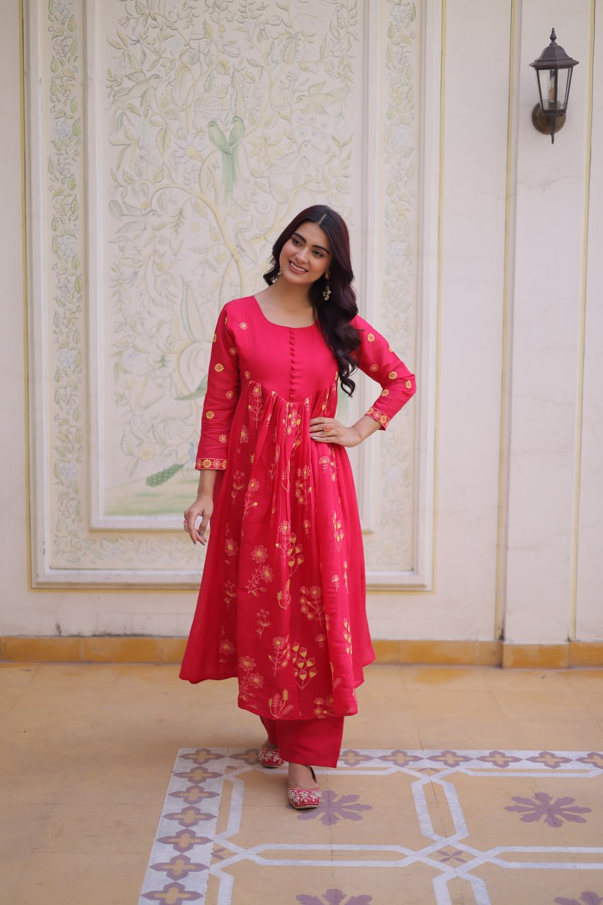 Pink Chanderi Kurti Pant Set Clothsvilla