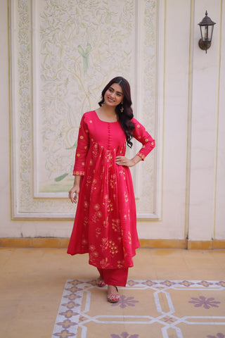 Pink Chanderi Kurti Pant Set Clothsvilla