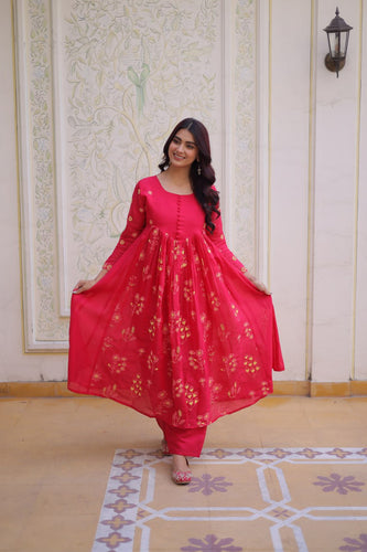 Pink Chanderi Kurti Pant Set Clothsvilla