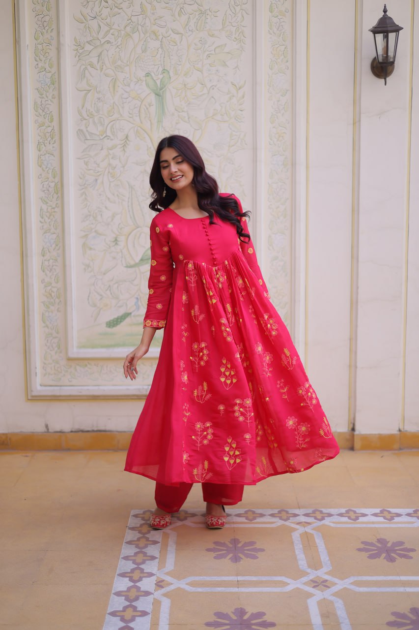 Pink Chanderi Kurti Pant Set Clothsvilla