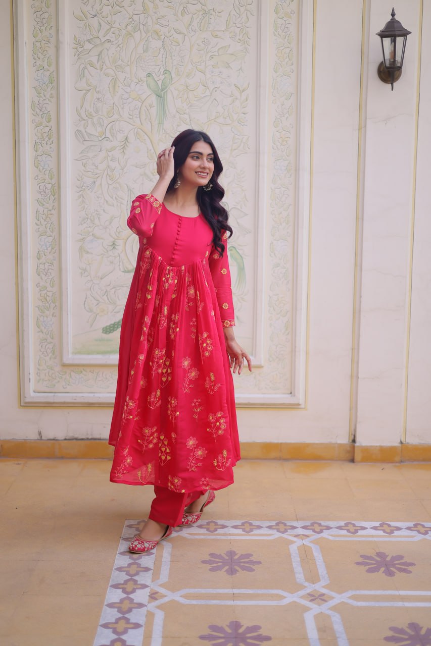 Pink Chanderi Kurti Pant Set Clothsvilla