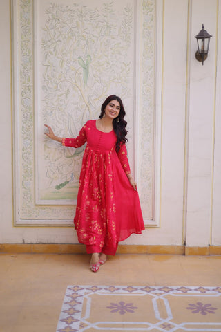 Pink Chanderi Kurti Pant Set Clothsvilla