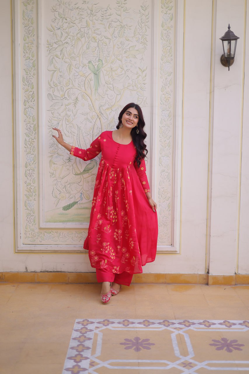 Pink Chanderi Kurti Pant Set Clothsvilla