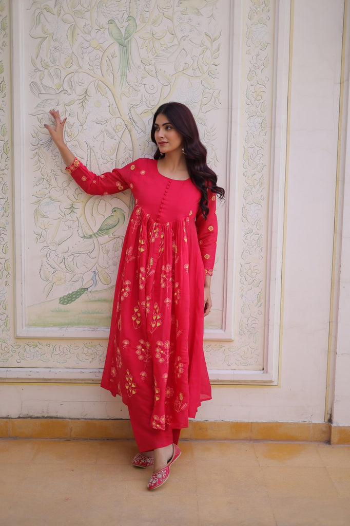 Pink Chanderi Kurti Pant Set Clothsvilla