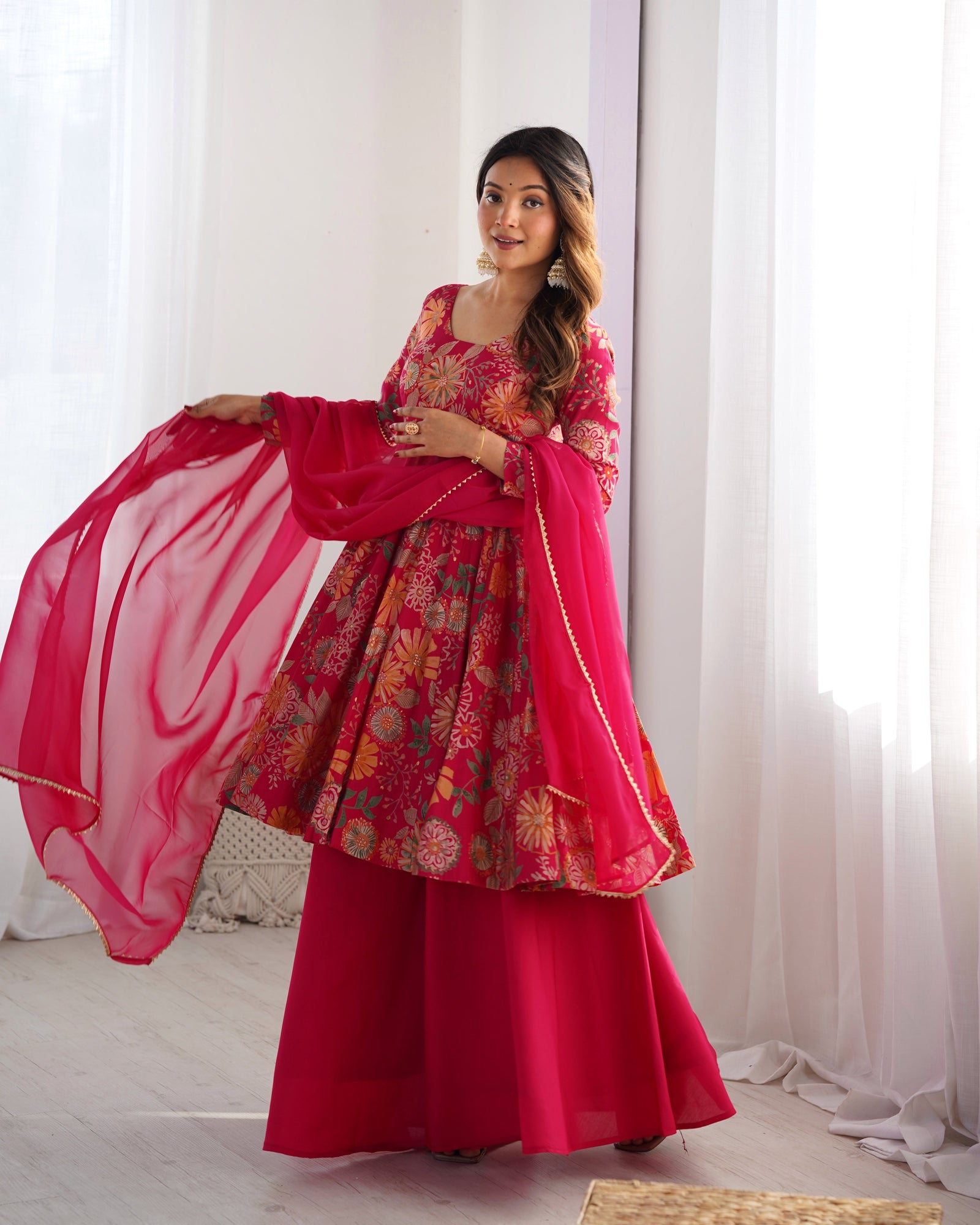 Pink Chanderi Printed Kediya Kurta Palazzo ClothsVilla