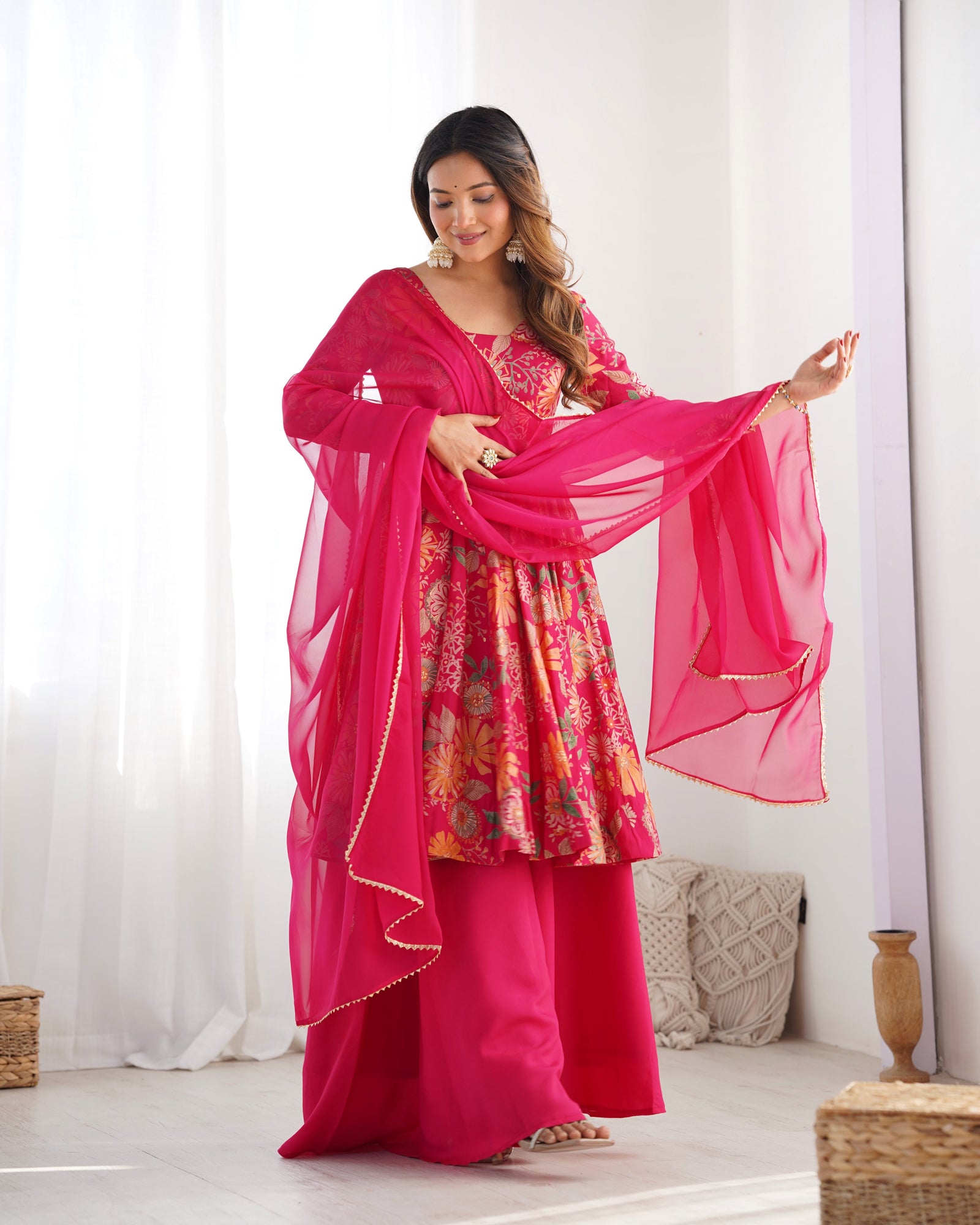 Pink Chanderi Printed Kediya Kurta Palazzo ClothsVilla