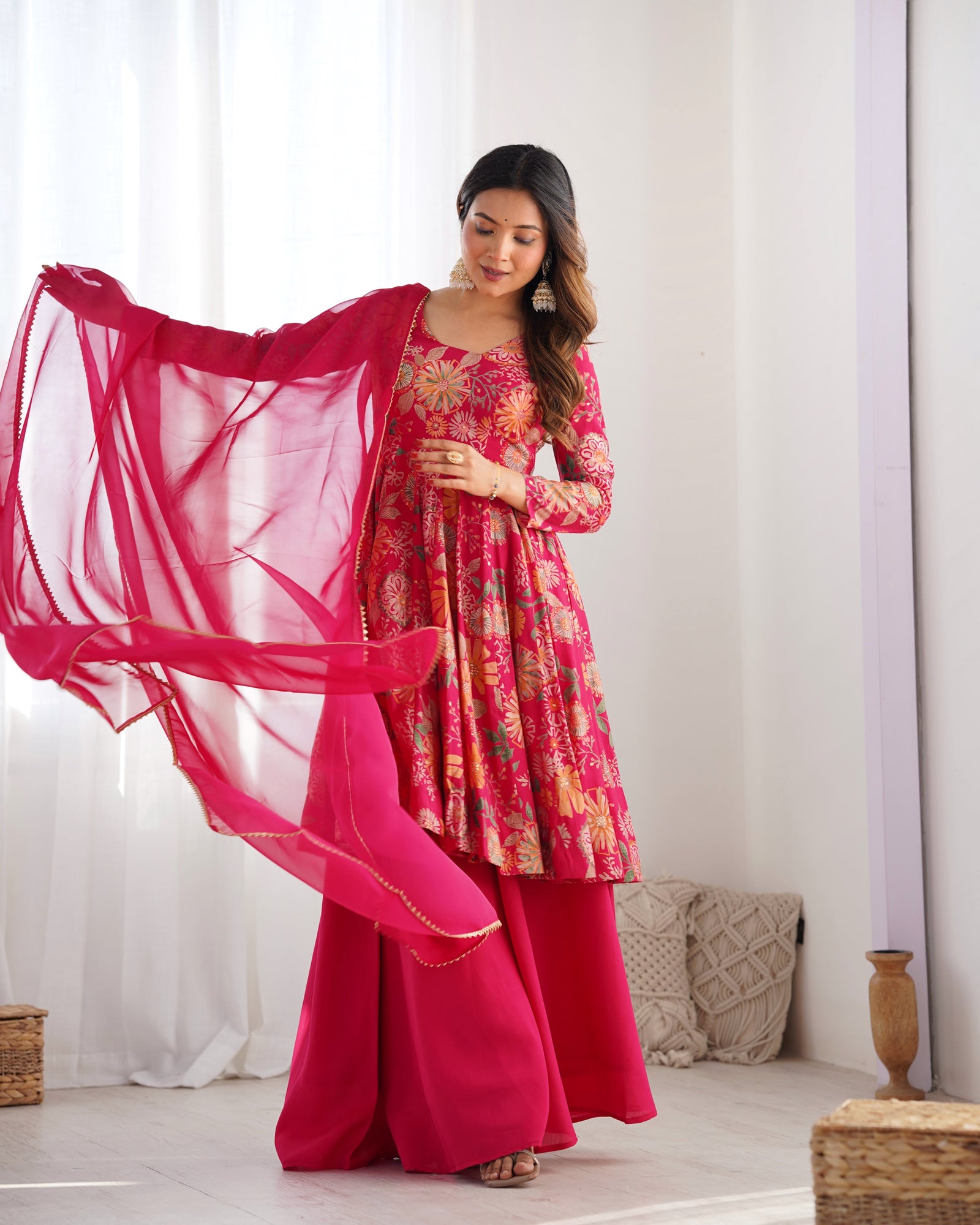 Pink Chanderi Printed Kediya Kurta Palazzo ClothsVilla