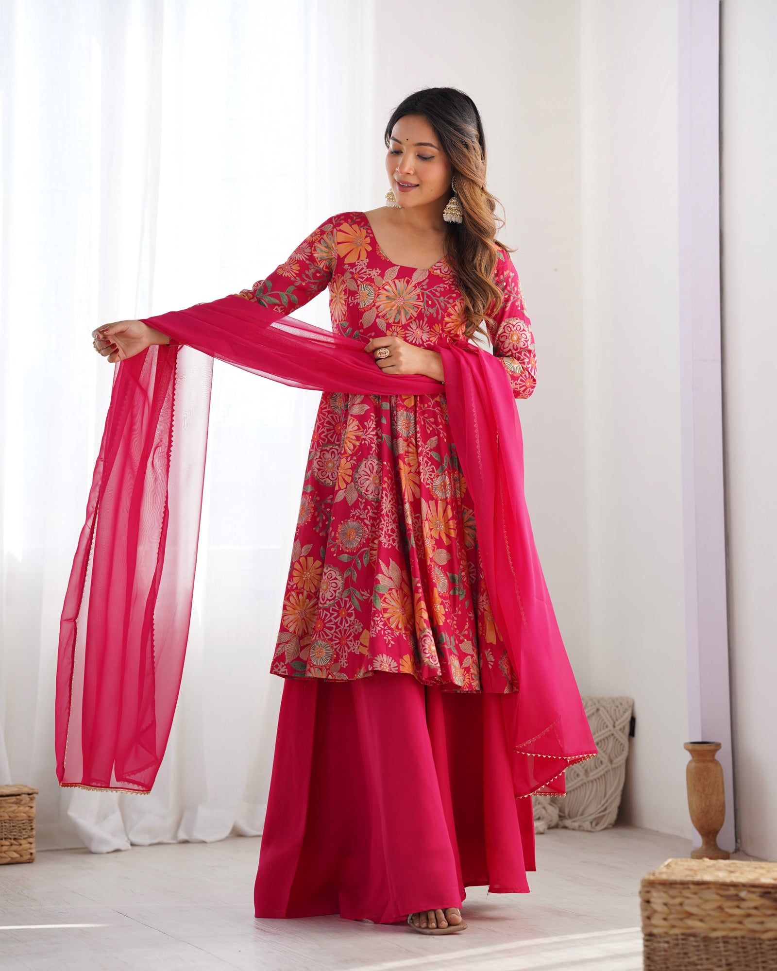 Pink Chanderi Printed Kediya Kurta Palazzo ClothsVilla