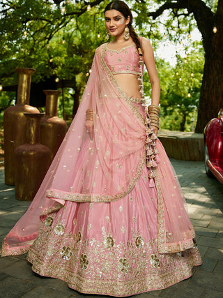 Pink Chiffon Semi-Stitched Lehenga Choli Set with Heavy Sequin & Embroidery ClothsVilla