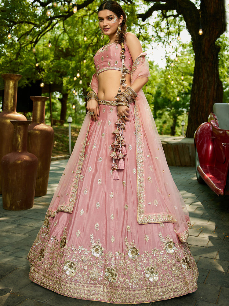 Pink Chiffon Semi-Stitched Lehenga Choli Set with Heavy Sequin & Embroidery ClothsVilla
