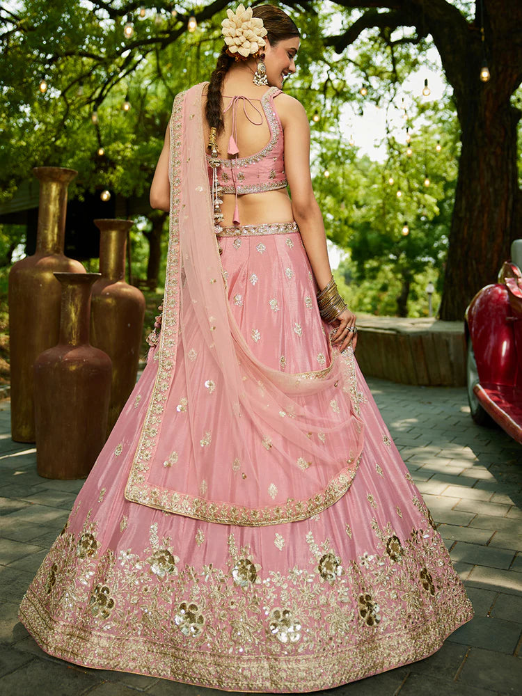 Pink Chiffon Semi-Stitched Lehenga Choli Set with Heavy Sequin & Embroidery ClothsVilla