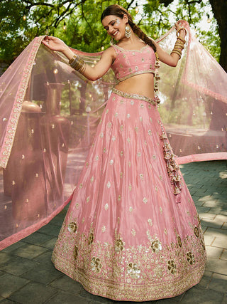 Pink Chiffon Semi-Stitched Lehenga Choli Set with Heavy Sequin & Embroidery ClothsVilla