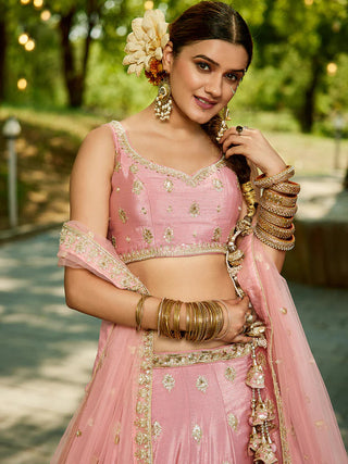 Pink Chiffon Semi-Stitched Lehenga Choli Set with Heavy Sequin & Embroidery ClothsVilla