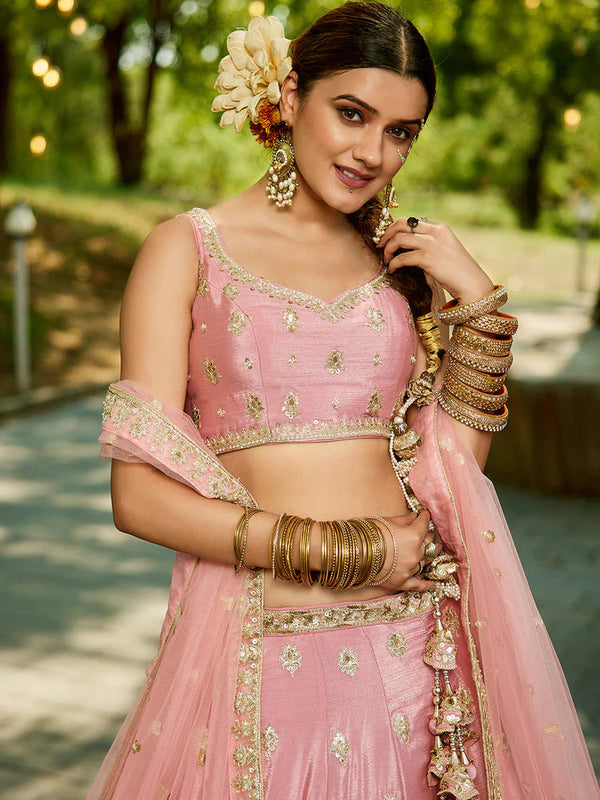 Pink Chiffon Semi-Stitched Lehenga Choli Set with Heavy Sequin & Embroidery ClothsVilla