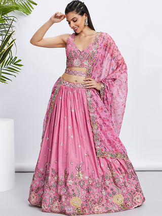 Pink Chiffon Sequined Lehenga Choli Set with Thread Embroidery & Printed Dupatta ClothsVilla