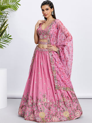 Pink Chiffon Sequined Lehenga Choli Set with Thread Embroidery & Printed Dupatta ClothsVilla