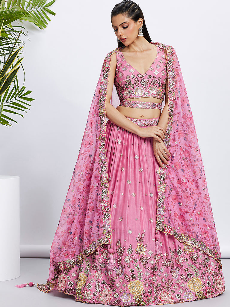 Pink Chiffon Sequined Lehenga Choli Set with Thread Embroidery & Printed Dupatta ClothsVilla