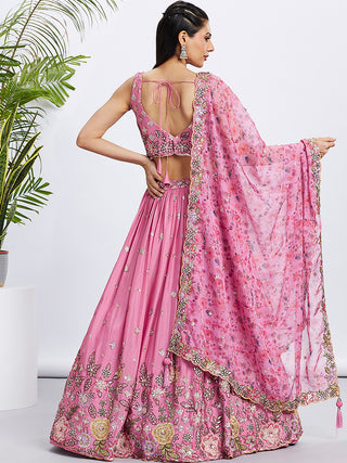 Pink Chiffon Sequined Lehenga Choli Set with Thread Embroidery & Printed Dupatta ClothsVilla