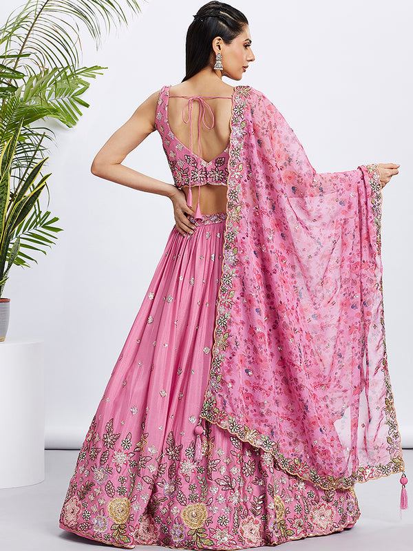 Pink Chiffon Sequined Lehenga Choli Set with Thread Embroidery & Printed Dupatta ClothsVilla