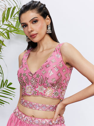 Pink Chiffon Sequined Lehenga Choli Set with Thread Embroidery & Printed Dupatta ClothsVilla