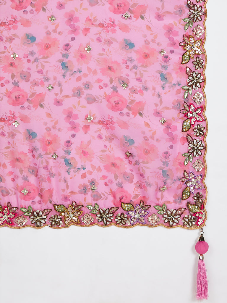 Pink Chiffon Sequined Lehenga Choli Set with Thread Embroidery & Printed Dupatta ClothsVilla