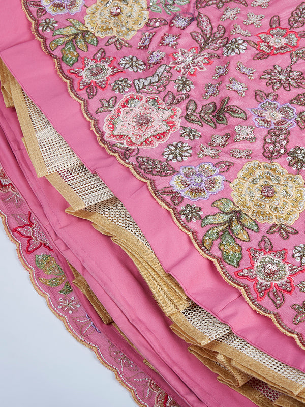 Pink Chiffon Sequined Lehenga Choli Set with Thread Embroidery & Printed Dupatta ClothsVilla