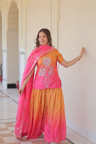 Pink Chinnon Print Kurti Set with Rich Beads Embroidery & Tebby Silk Dupatta – 3-Piece Ethnic Wear for Women ClothsVilla