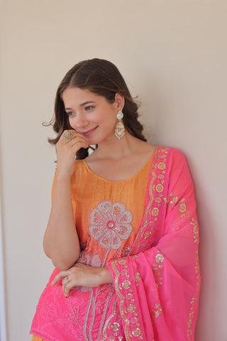Pink Chinnon Print Kurti Set with Rich Beads Embroidery & Tebby Silk Dupatta – 3-Piece Ethnic Wear for Women ClothsVilla